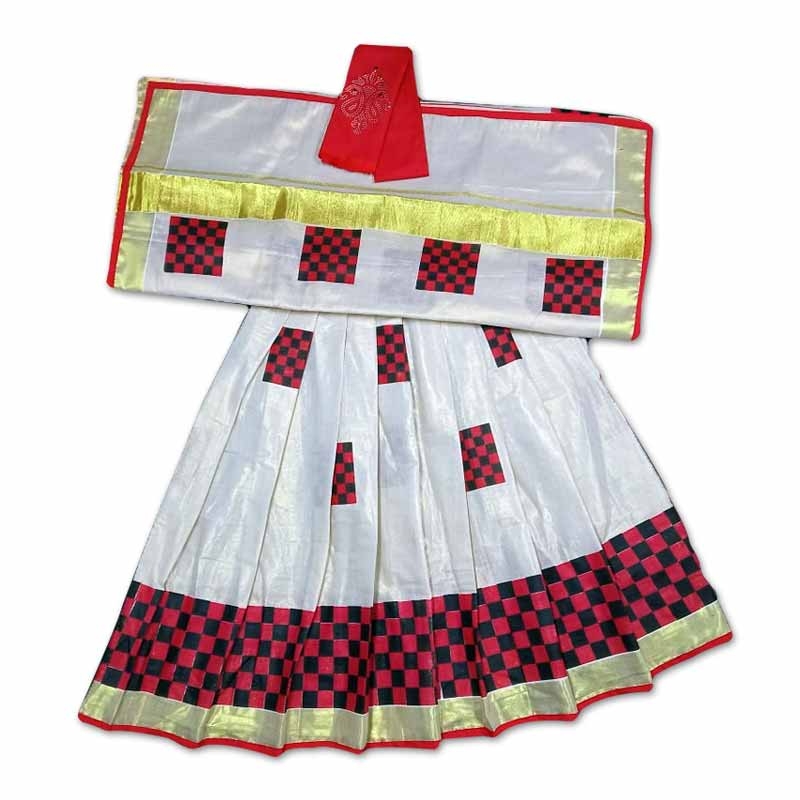 Kids Dhavani Set with Golden tissue and printed work.Black and Red color check design set. Red color blouse with handwork