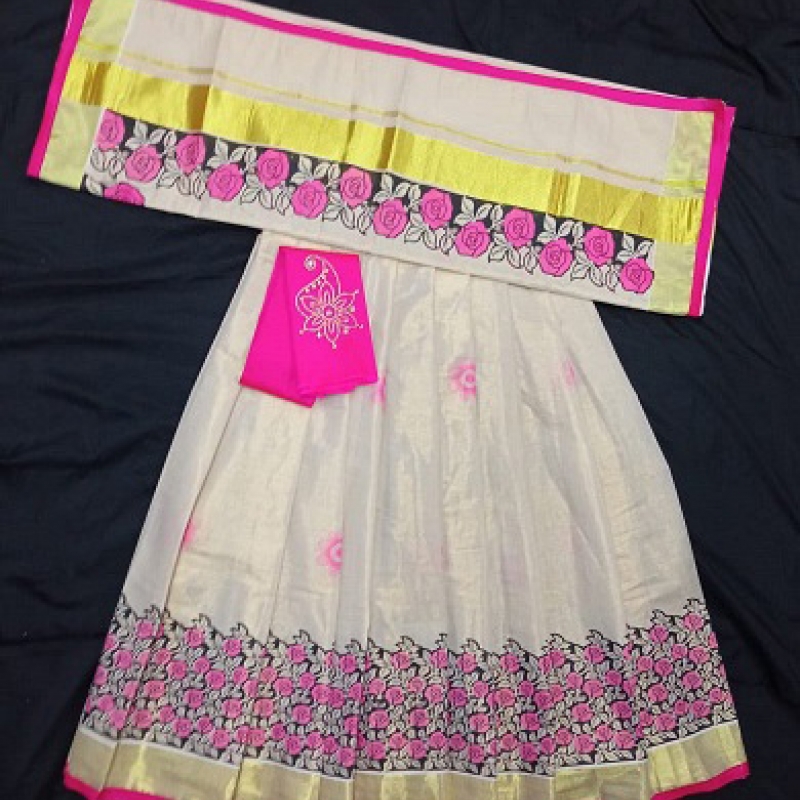 Kids Dhavani Set with Golden tissue. Rose and white color combination, printed flower design and pink blouse with handwork