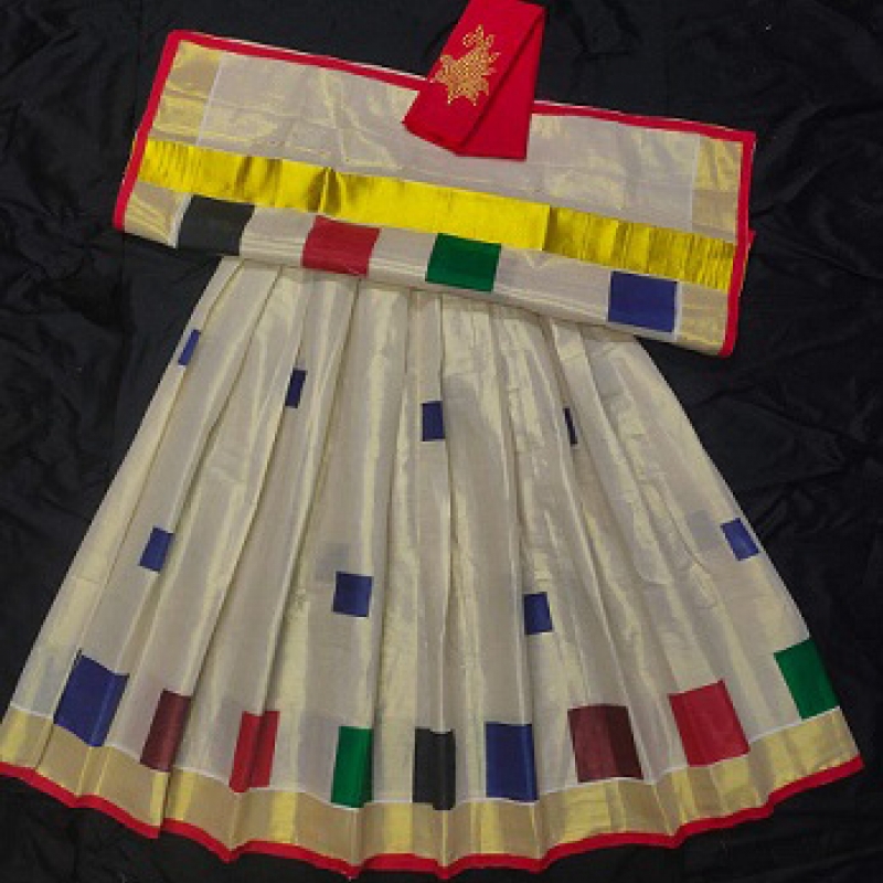 Kids Dhavani Set with multicolor and Golden tissue. simple printed design with red color blouse 