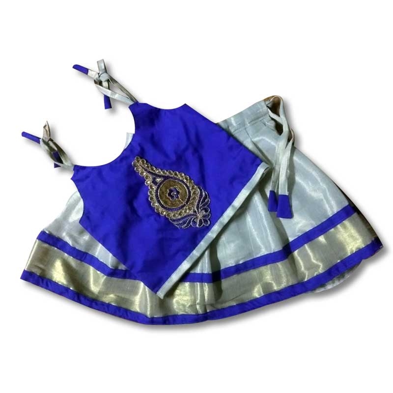 Kids pattupavada Set blue top and white color skirt with blue border and  simple handwork design 