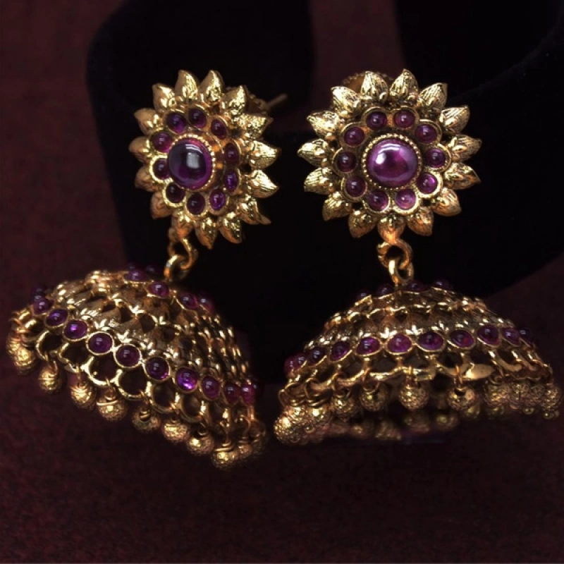 Big Antique Gold Plated Kemp Jhumka Earrings