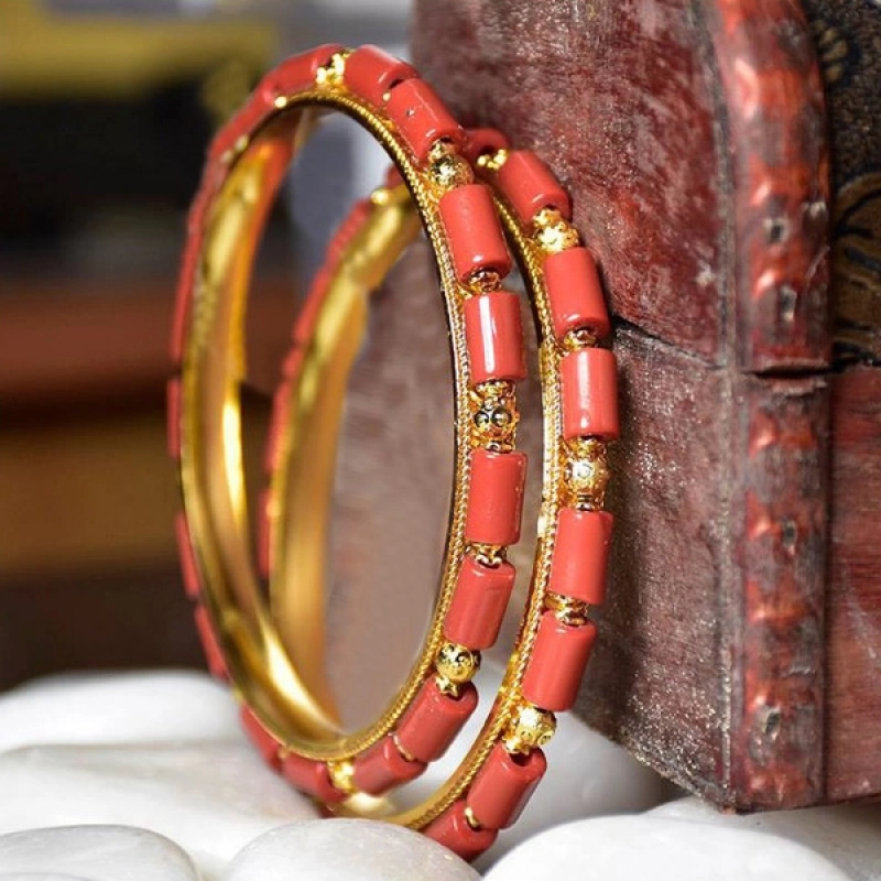 Gold Plated Cylinder Coral and Jade Beads Bangles 