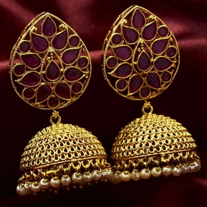 Matte Gold Plated Big Leaf Studs Stone Jhumka Earrings
