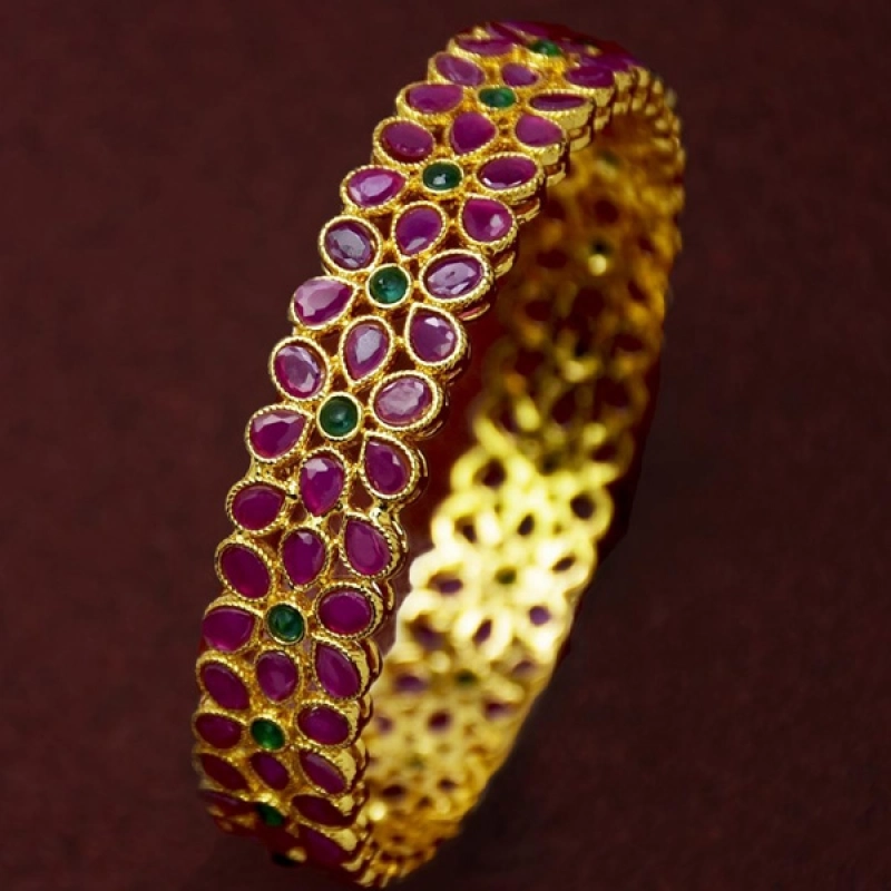 Party Wear Gold Plated Floral Ruby Emerald Bangle For Women