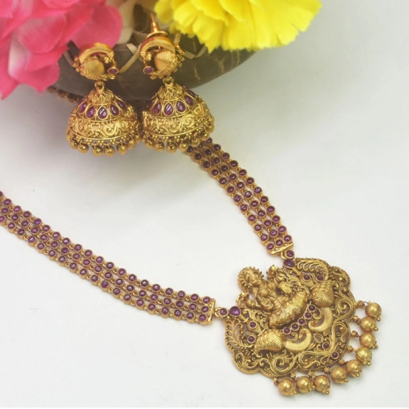 Premium Antique Gold Plated Lakshmi Triple Layer Kemp Long Chain Set