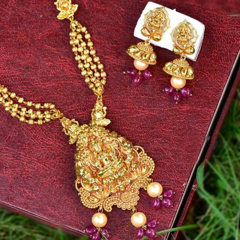 Premium Gold Plated Antique  Lakshmi Long Chain Set