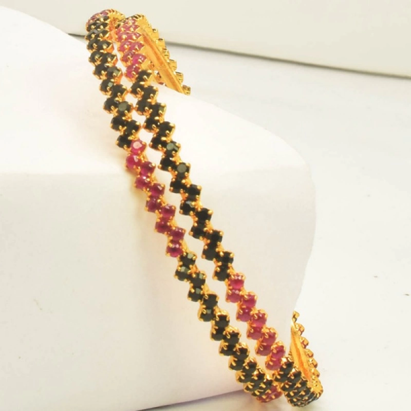 THIN GOLD PLATED BLACK CZ AND RUBY STONE BANGLES