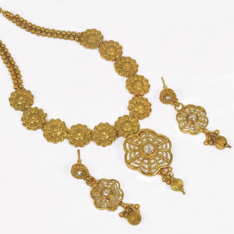 TRENDY ANTIQUE GOLD PLATED FLOWER NECKLACE SET