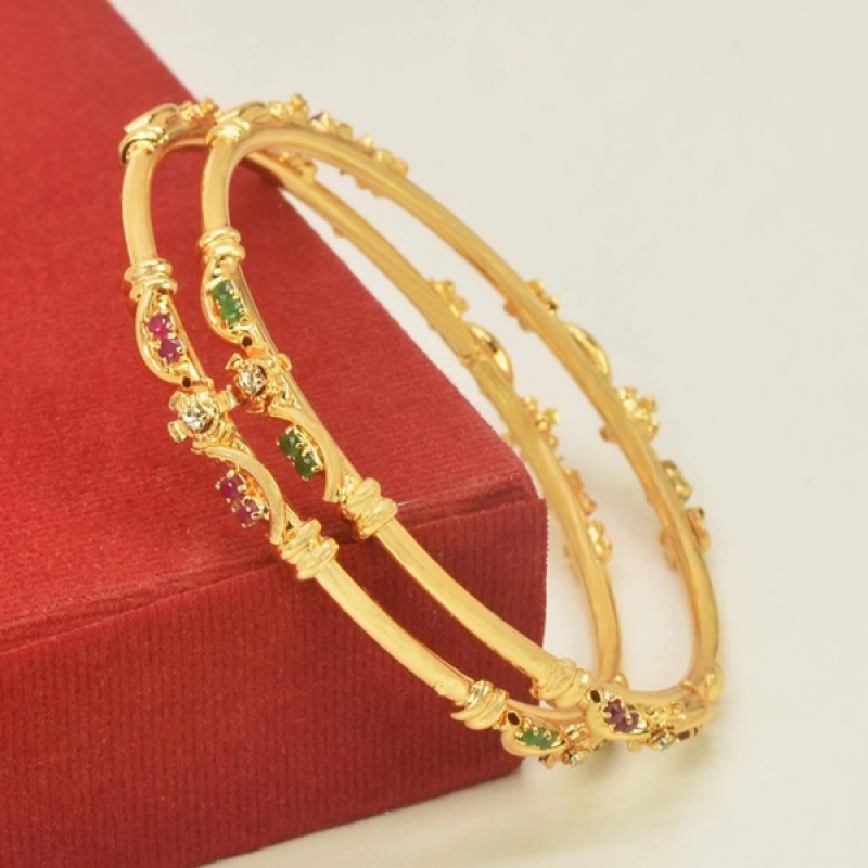 TRENDY GOLD PLATED RUBY EMERALD THIN BANGLES