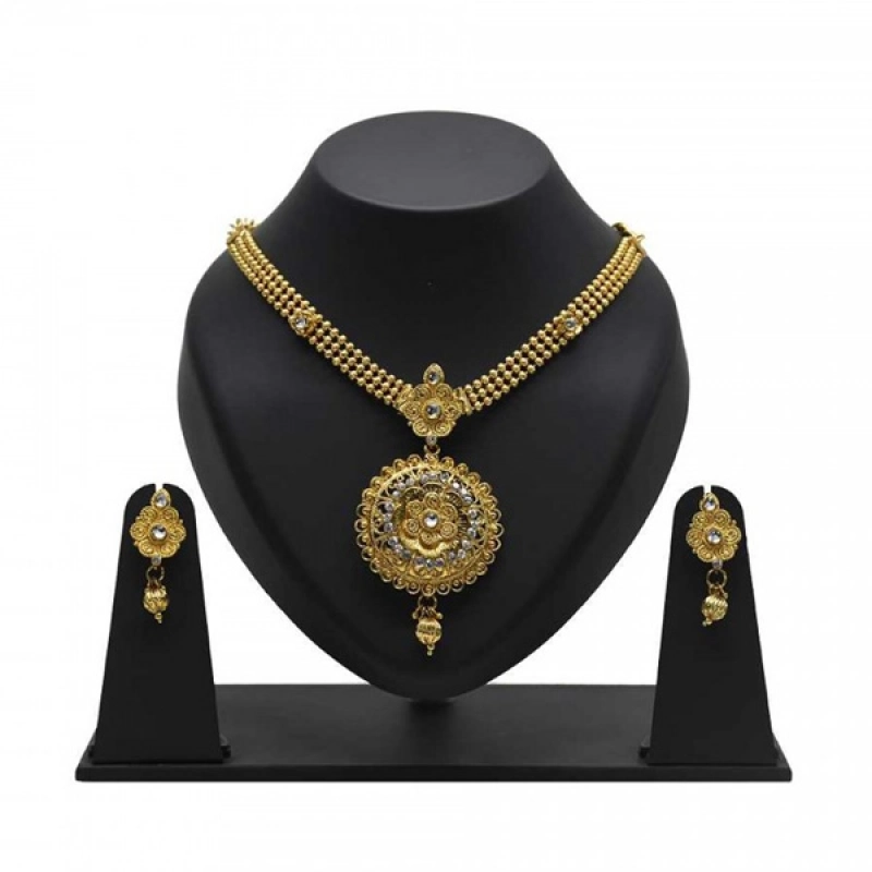 TRIPLE LAYER BALL CHAIN ANTIQUE NECKLACE SET WITH FLORAL PENDANT