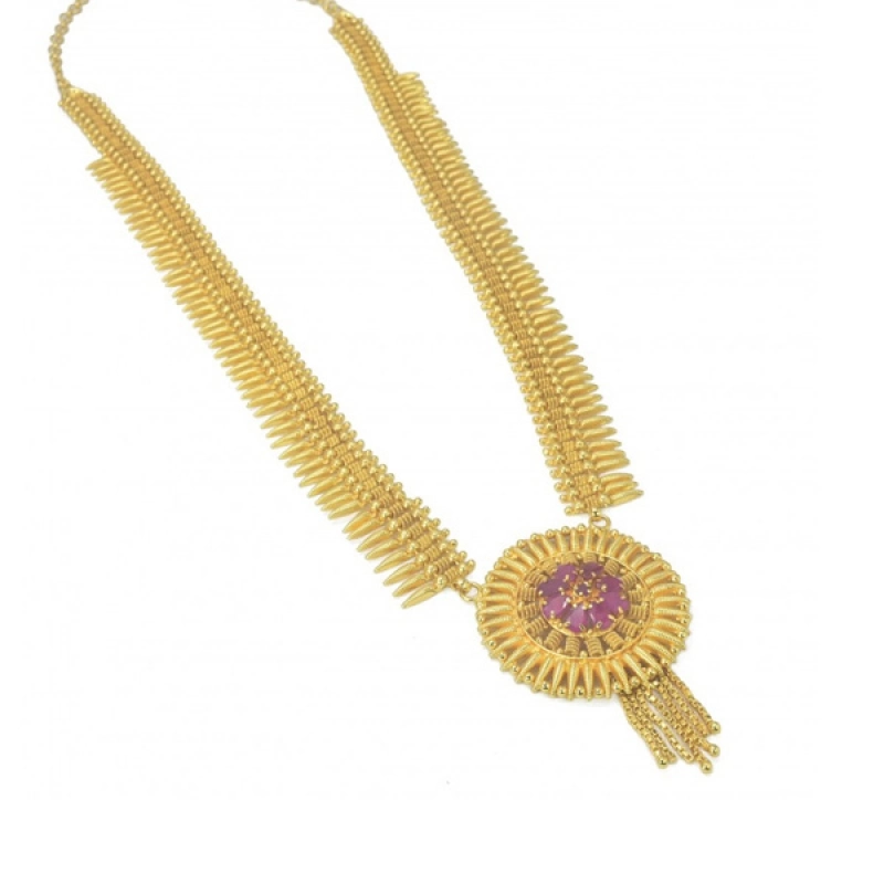 CONTEMPORARY GOLD PLATED RUBY STONE JASMINE LONG CHAIN