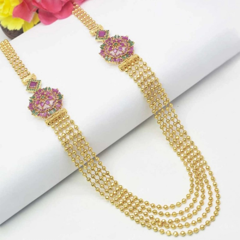 FLORAL GOLD PLATED RUBY EMERALD SIDE PENDANTS LAYER NECKLACE