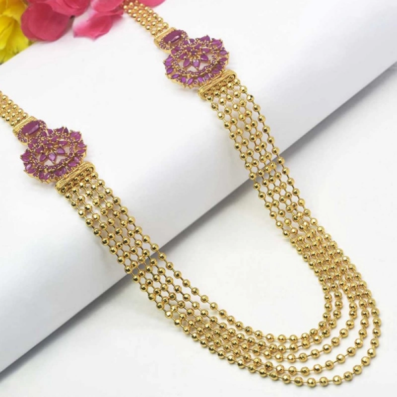 GOLD PLATED RUBY DOUBLE SIDE PENDANT MULTI-LAYER NECKLACE