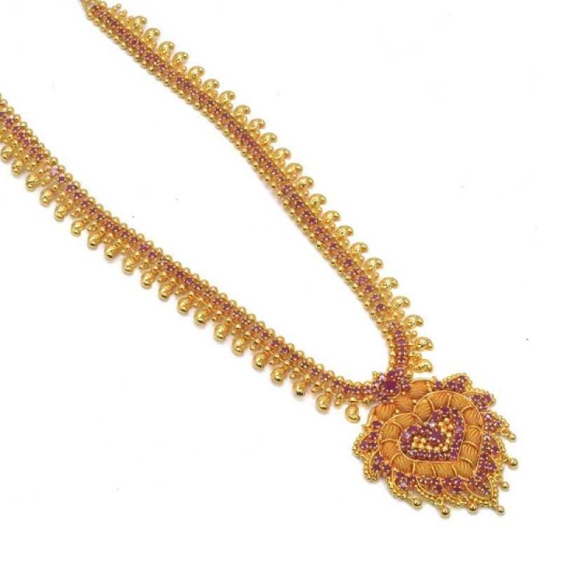 GOLD PLATED RUBY MANGO HEART PENDANT LONG NECKLACE