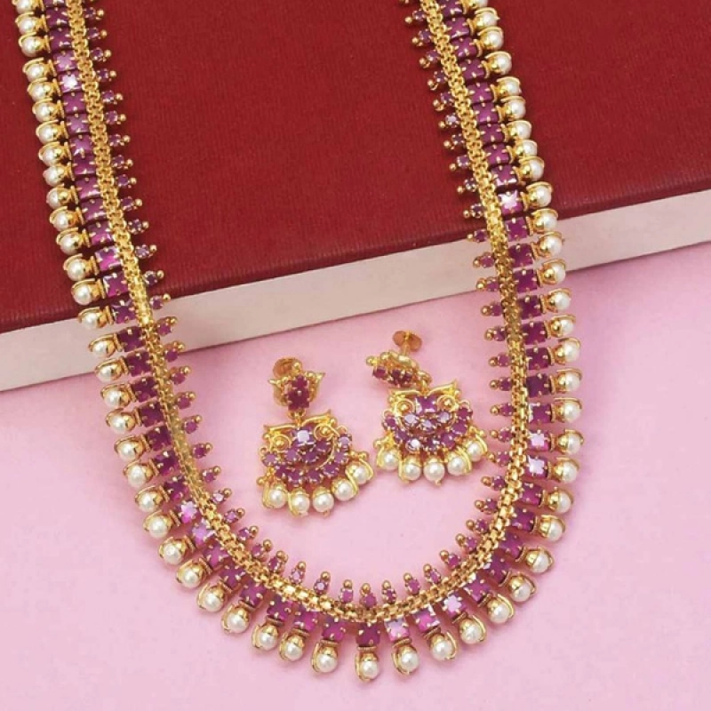 GOLD PLATED SEMI-PRECIOUS RUBY STONES PEARL LONG NECKLACE SET
