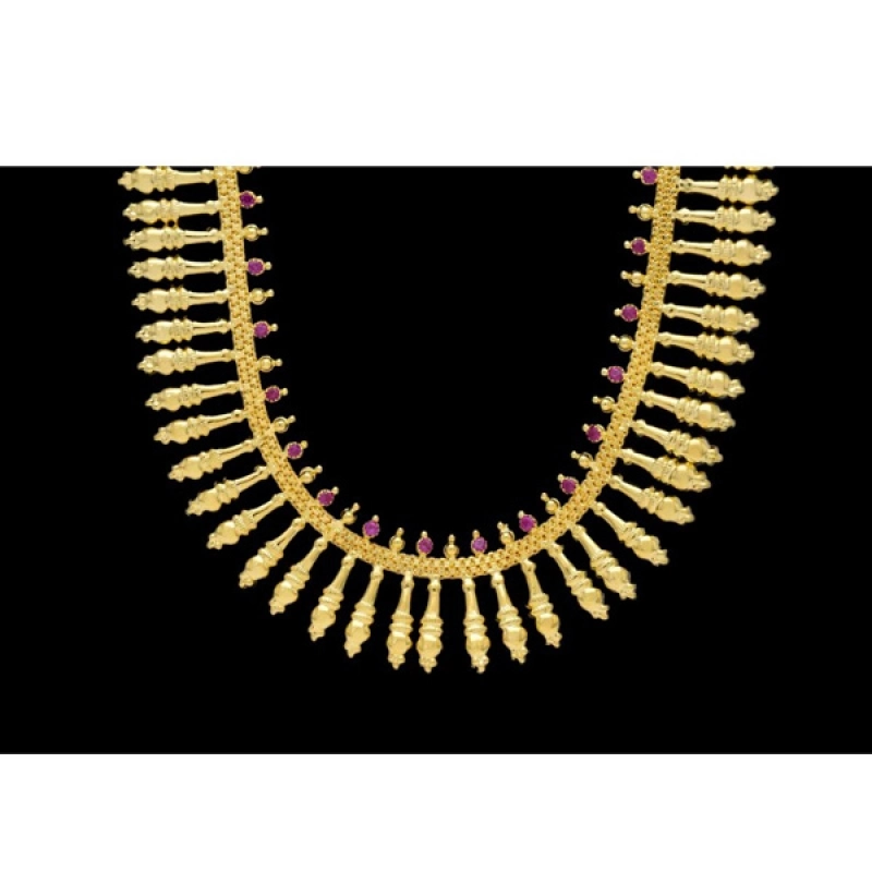GOLD PLATED TRADITIONAL MAGENTA STONE STUDDED LONG CHAIN