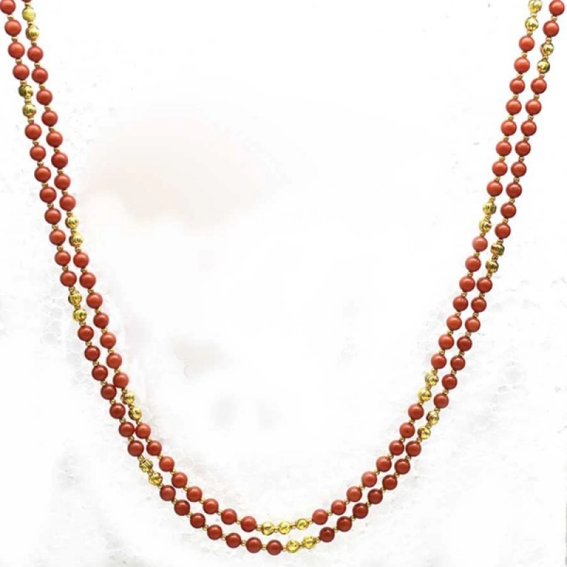 PREMIUM GOLD PLATED DOUBLE STRAND RED CORAL BEADS CHAIN MALA