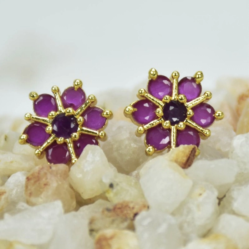 GOLD PLATED DAILY WEAR SEMI-PRECIOUS STONE FLORAL EAR STUDS