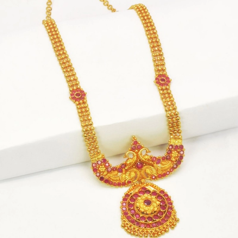 STUNNING GOLD PLATED DESIGNER PEACOCK RUBY LONG CHAIN