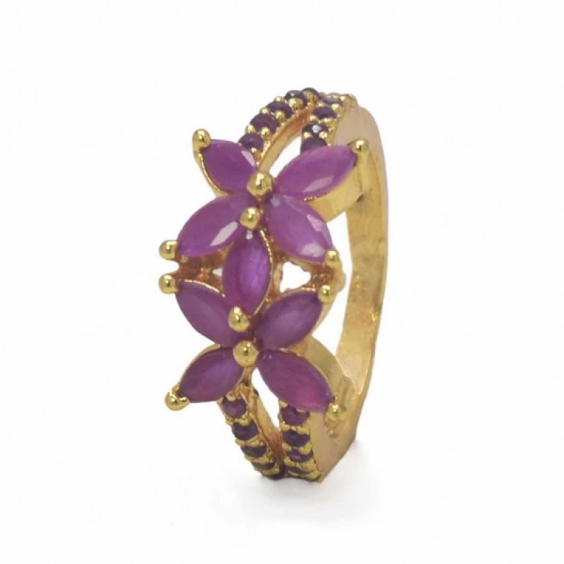 STYLISH GOLD PLATED RUBY STONES FLORAL FINGER RING