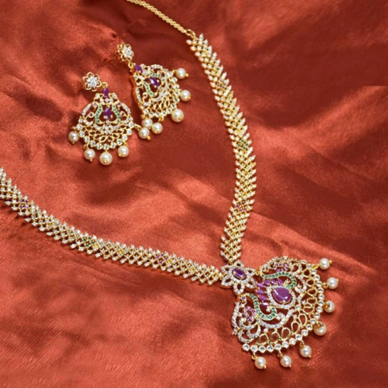 DAINTY PREMIUM GOLD PLATED CZ RUBY EMERALD LONG NECKLACE SET