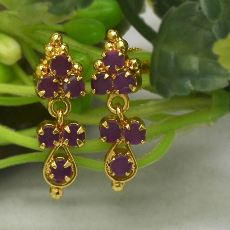 STUNNING GOLD PLATED FLORAL SMALL RUBY DROP EARRINGS