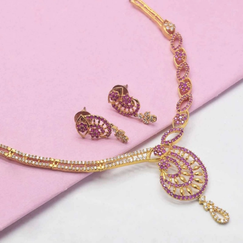 GRACEFUL PREMIUM GOLD PLATED CZ RUBY PEACOCK NECKLACE