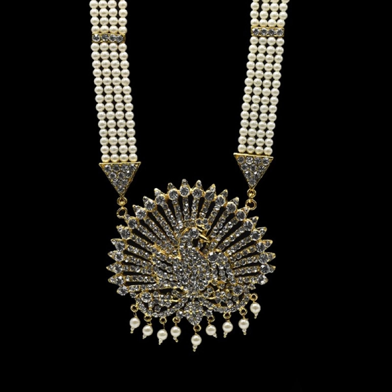 FOUR LINE PEARL MALA LONG CHAIN WITH DANCING PEACOCK DESIGN BIG WHITE STONE PENDANT