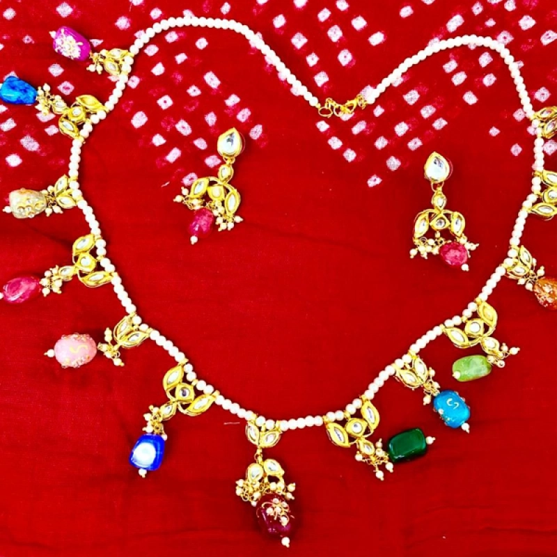 Handmade Kundan With Stone Beads Necklace With Earrings