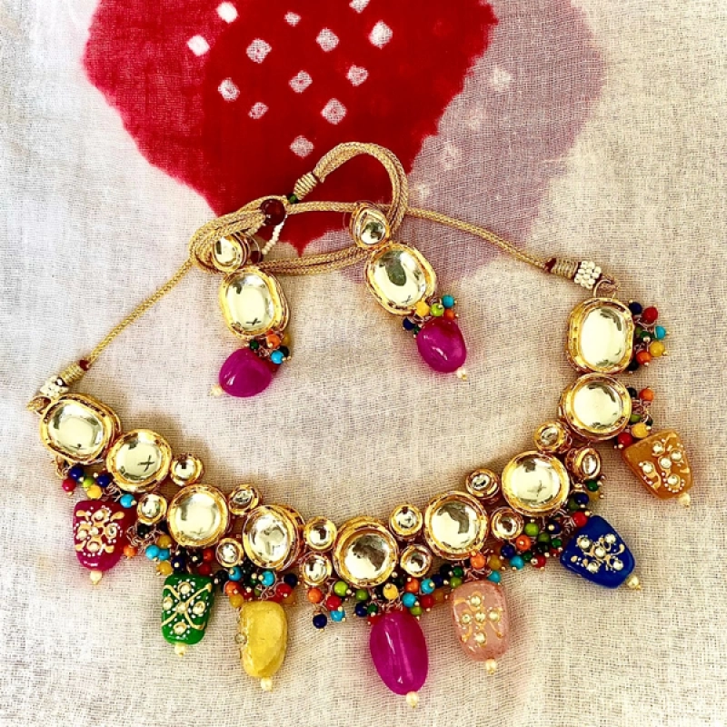 Handmade Multi Color Kundan Choker Necklace With Earrings