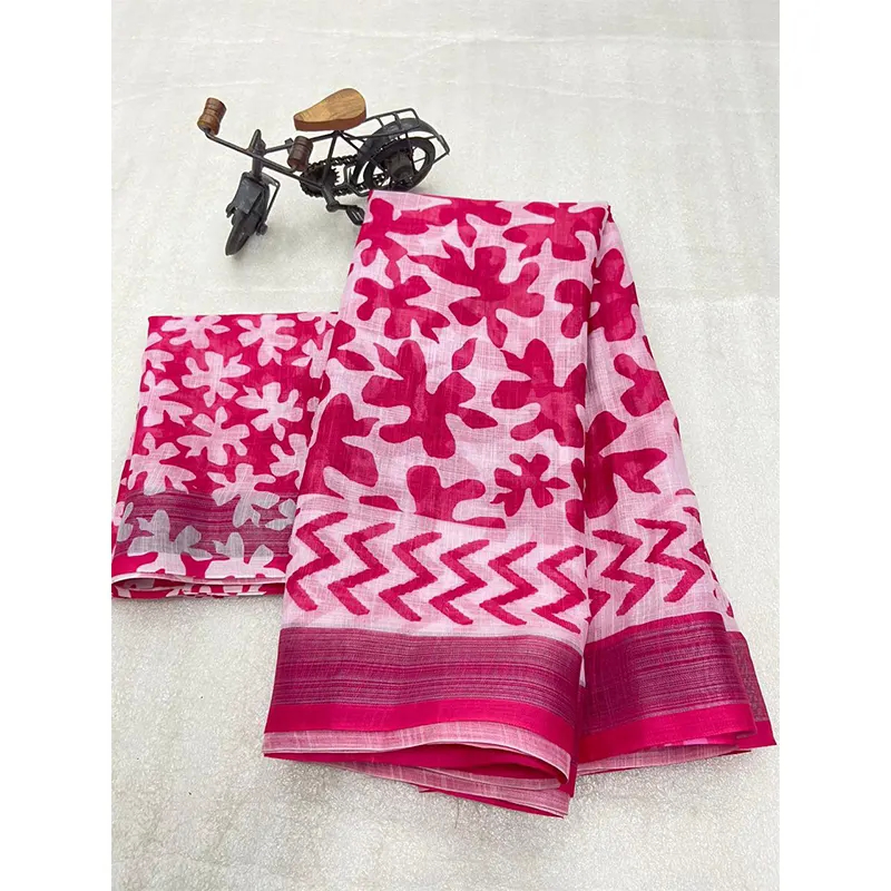 Digital printed linen sarees (pink & white)