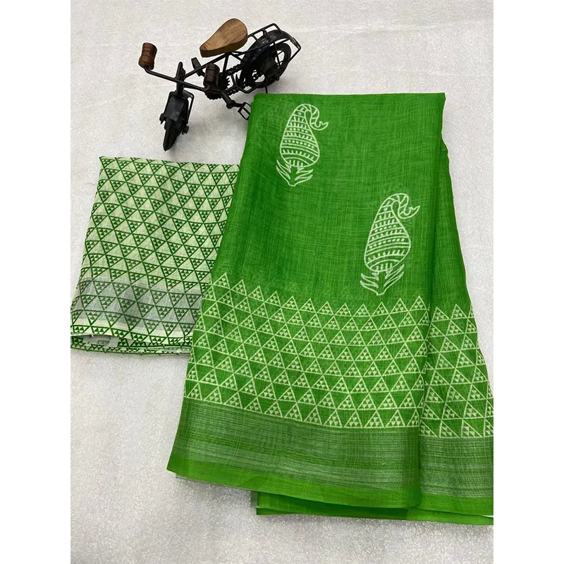 Digital printed linen sarees (light green)
