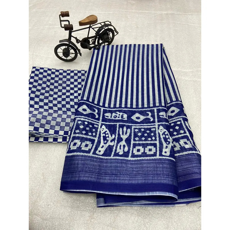 Digital printed linen sarees (blue & white)