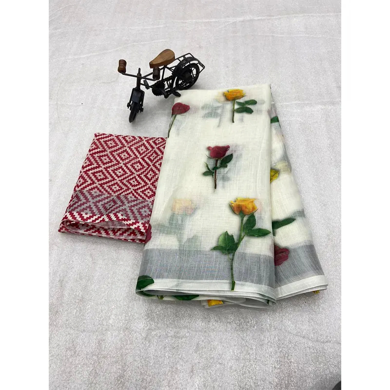 Digital printed linen sarees (cream)