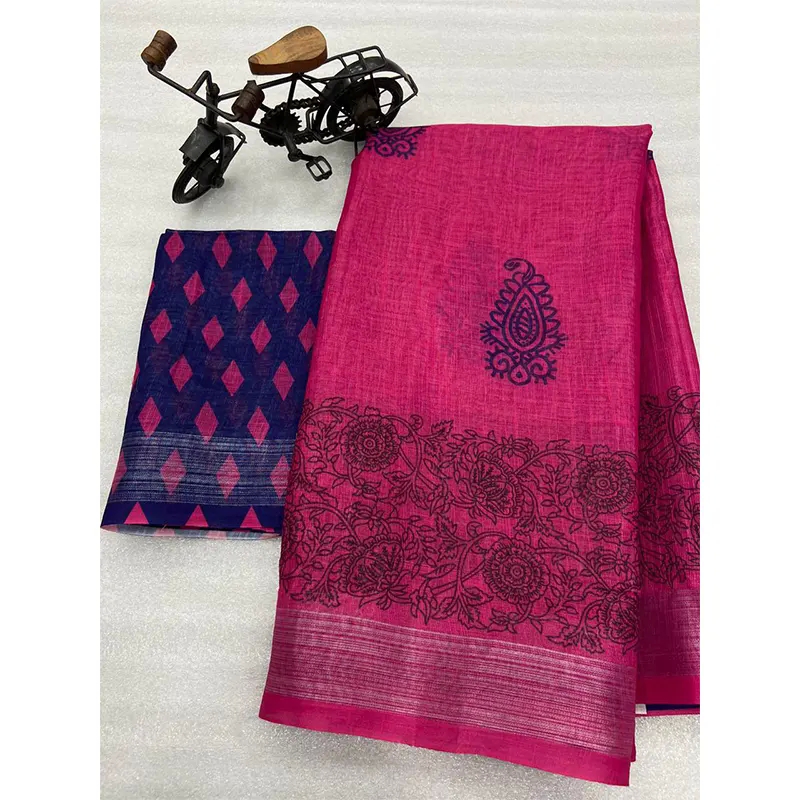 Digital printed linen sarees (magenta)