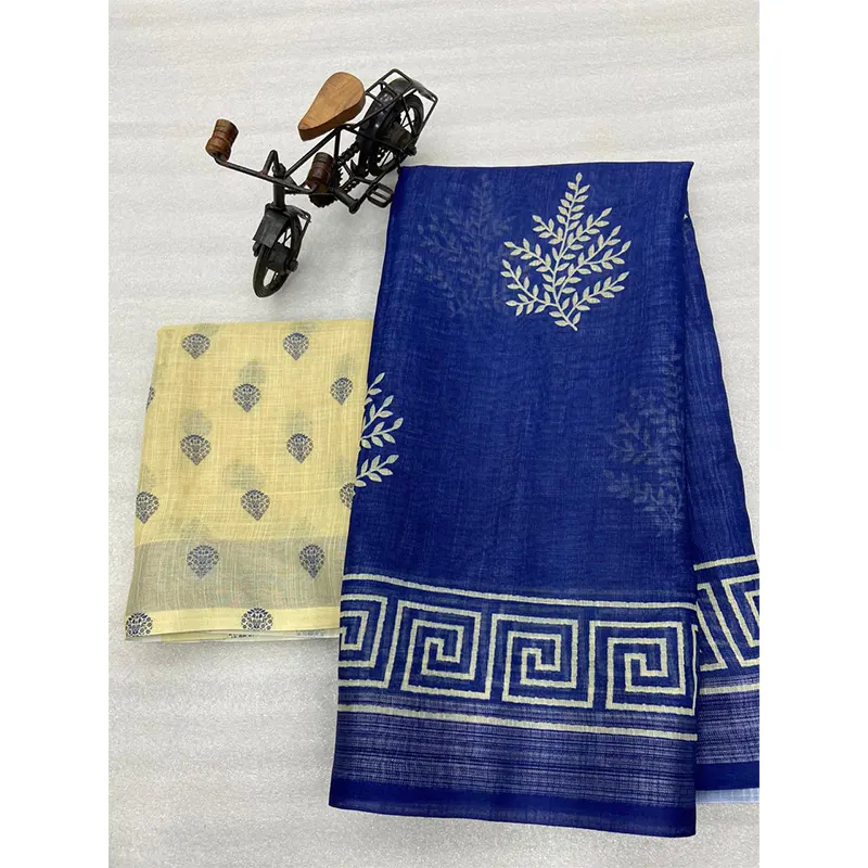 Digital printed linen sarees (blue)