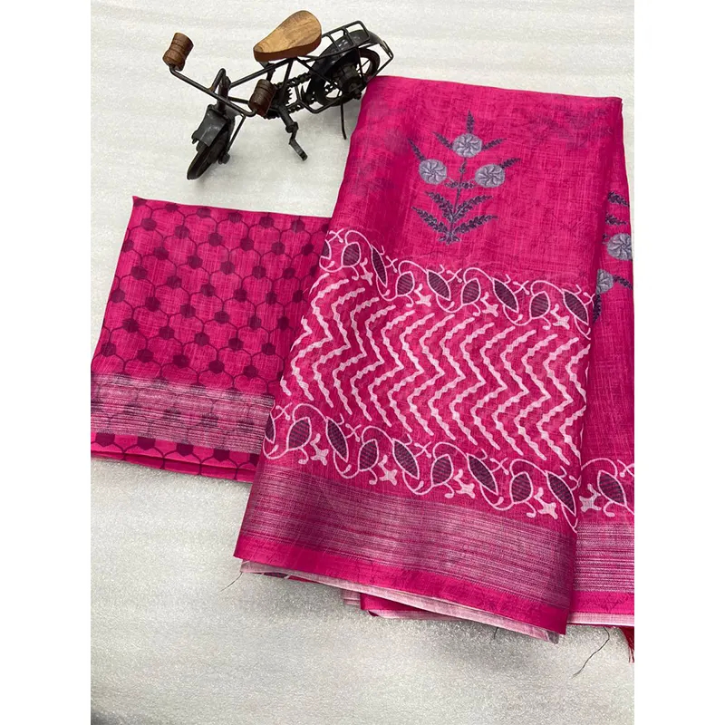 Digital printed linen sarees (Dark pink)