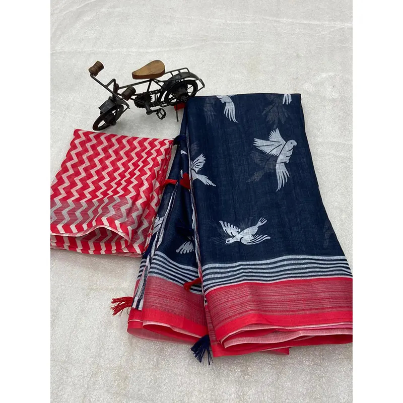 Digital printed linen sarees (black & red)
