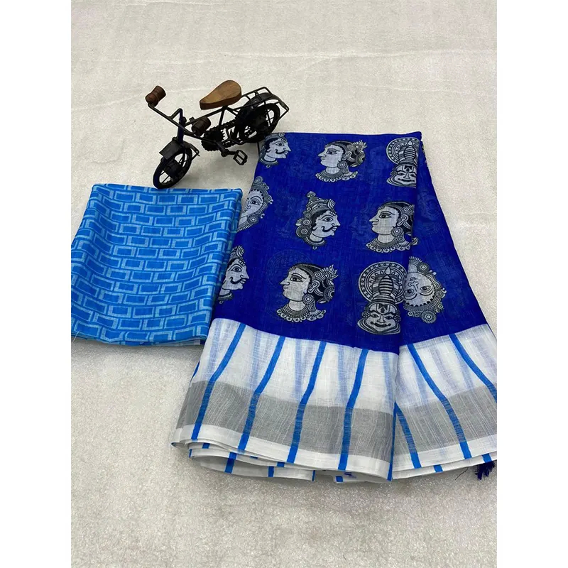Digital printed linen sarees (blue & white)