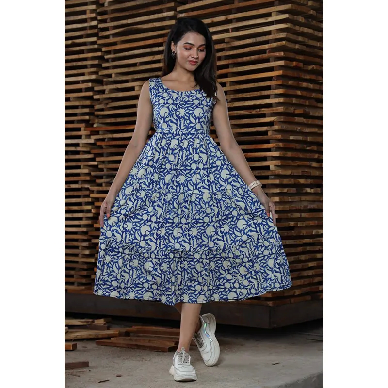 Bagru Hand Printed cotton Long Dress (navy blue)