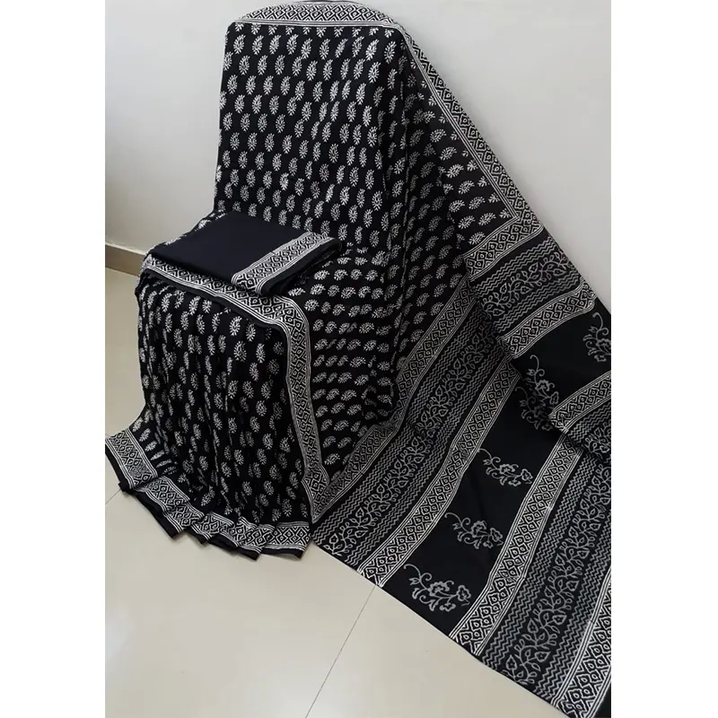 Hand block printed Cotton mulmul sarees(black)