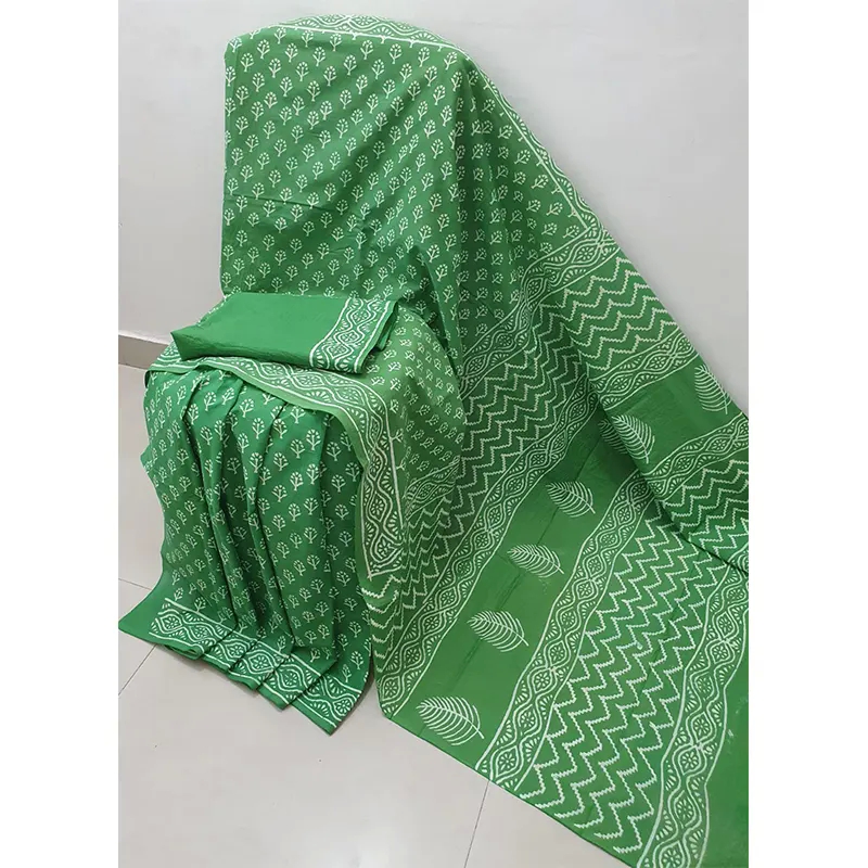Hand block printed Cotton mulmul sarees(green)