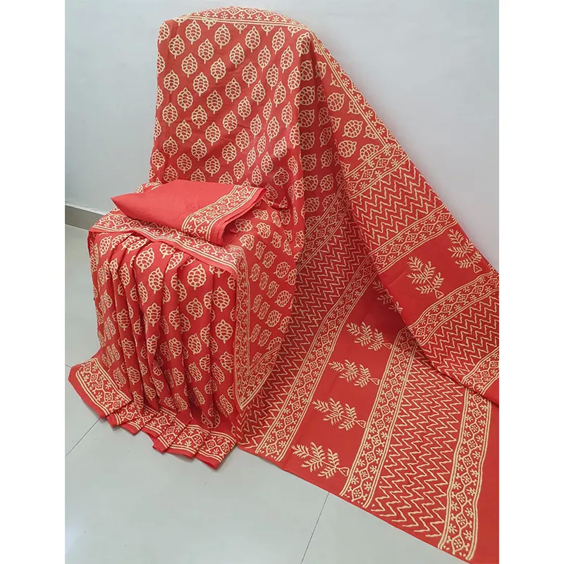 Hand block printed Cotton mulmul sarees(orange)