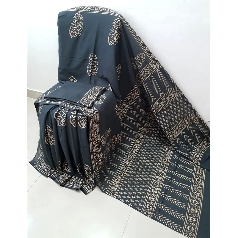 Hand block printed Cotton mulmul sarees(dark grey)