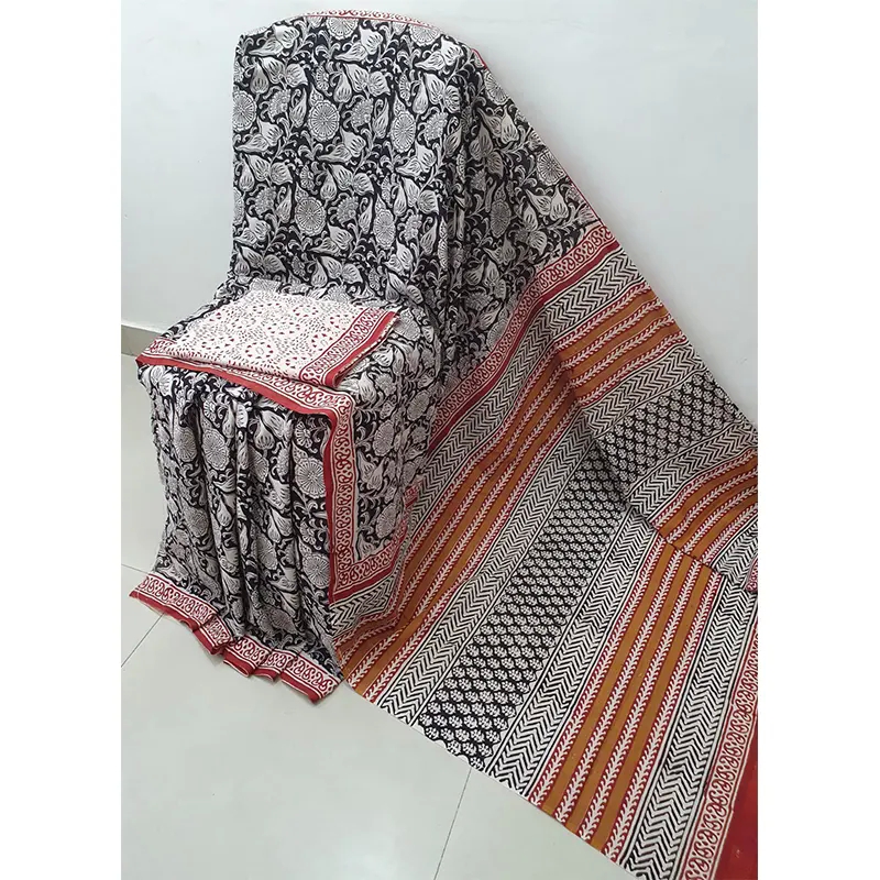 Hand block printed Cotton mulmul sarees(black & white)