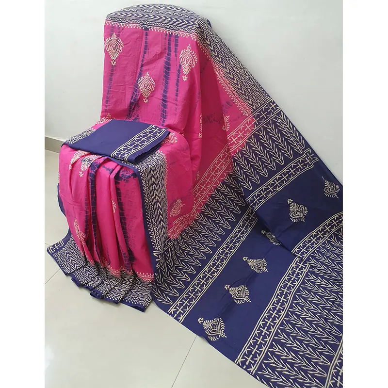 Hand block printed Cotton mulmul sarees(dark pink)