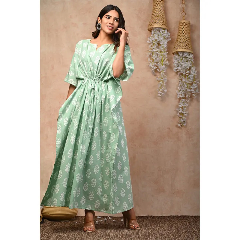 Cotton long kaftan dress (light green)