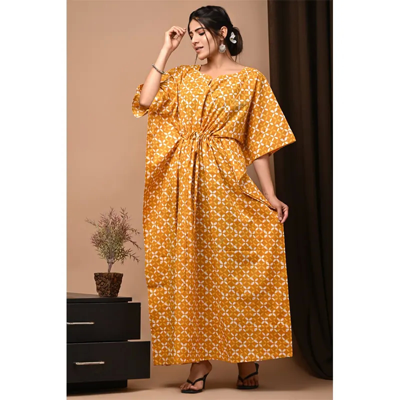 Cotton long kaftan dress (mustard yellow)