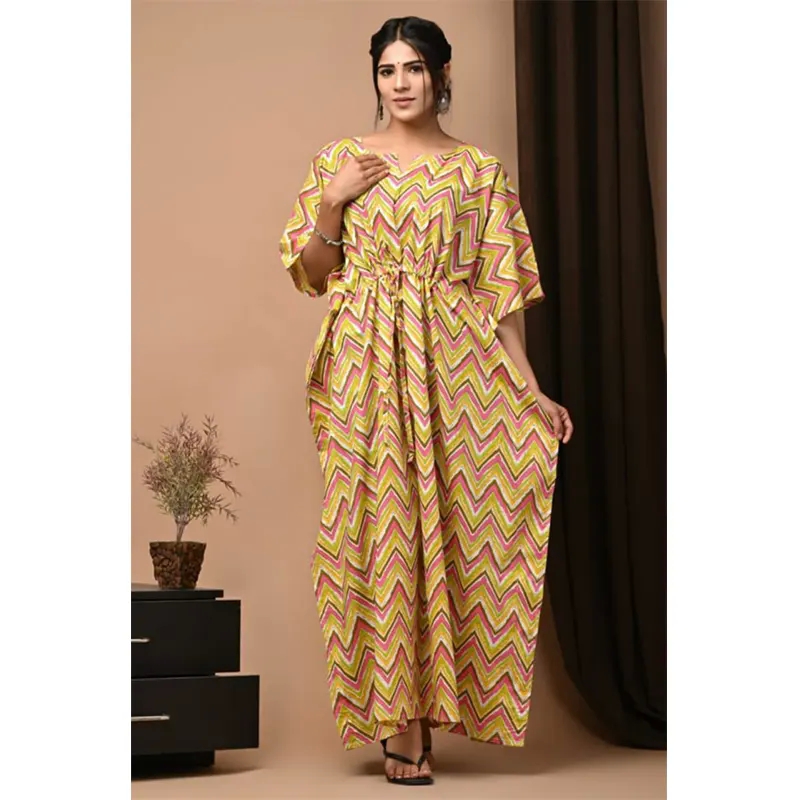 Cotton long kaftan dress (yellow & pink)