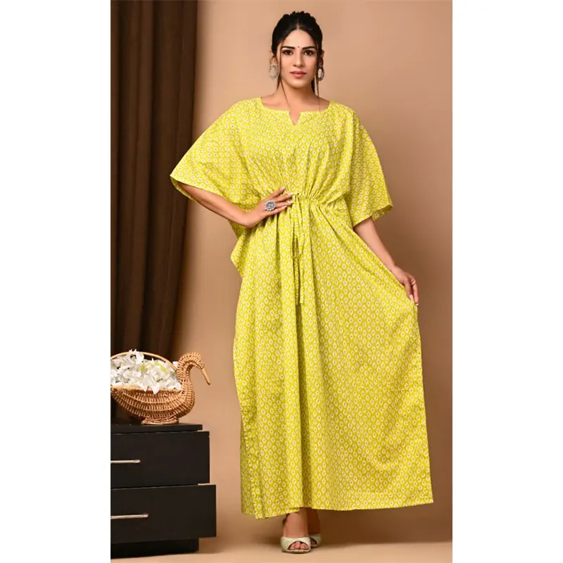 Cotton long kaftan dress (yellow)